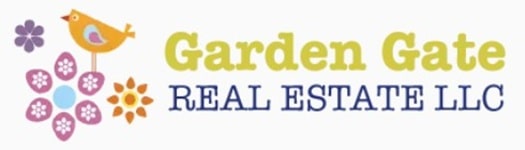 Garden Gate Real Estate LLC sign with floral and bird motifs, emphasizing trust and nature-inspired.